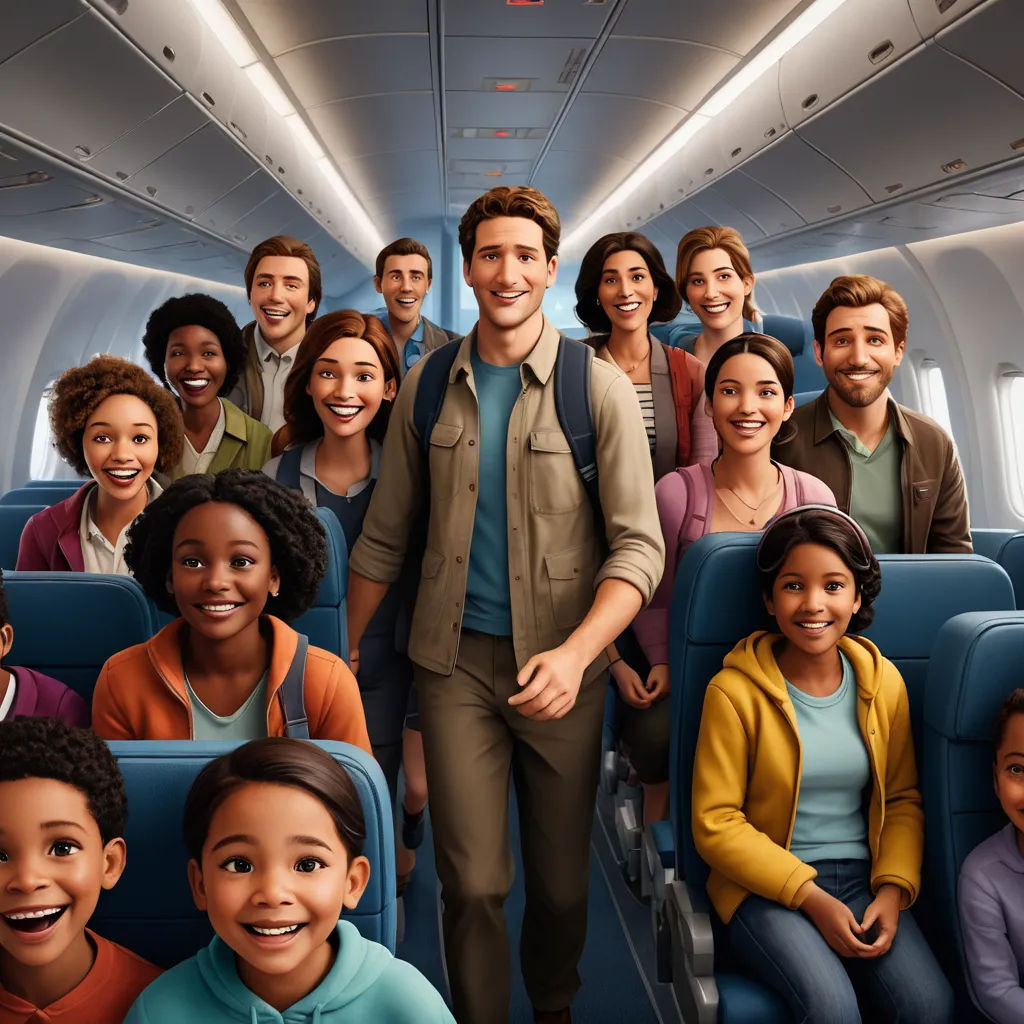 a group of people are standing on a plane together and smiling for the camera man is standing in the middle of the group, american realism, concept art, Chris LaBrooy, promotional image