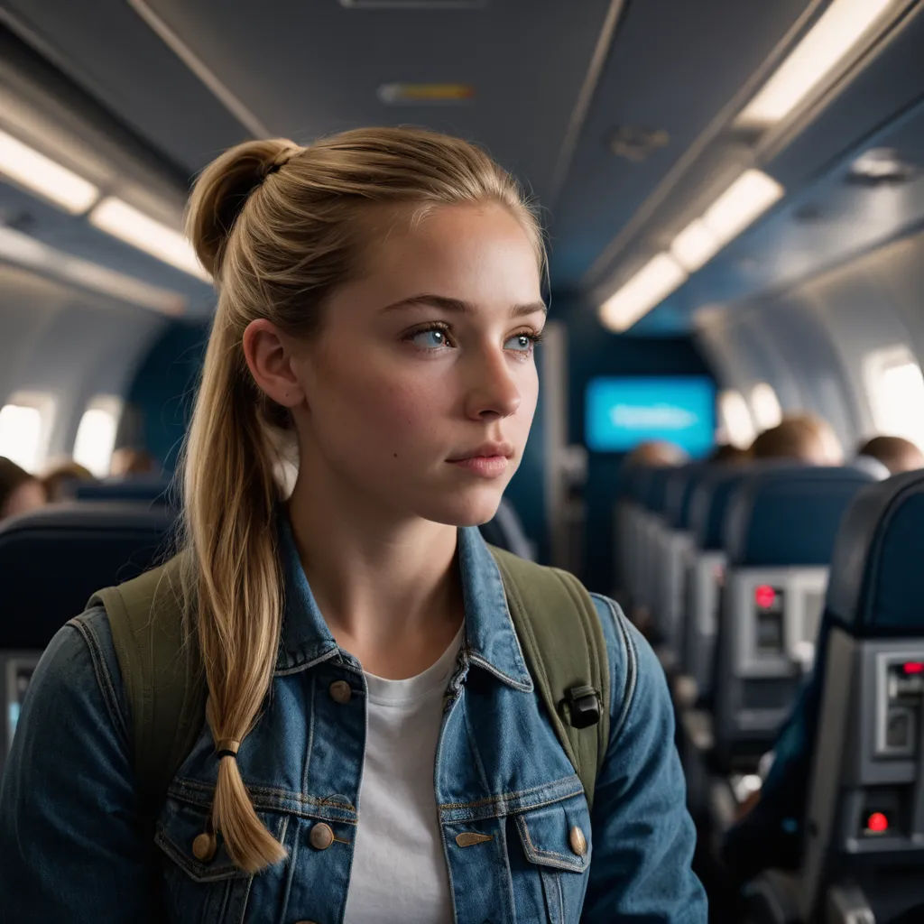 a woman sitting on an airplane looking out the window at the camera, with a ponytail in her hair, arabesque, a stock photo, Christabel Dennison, anamorphic lens flare
