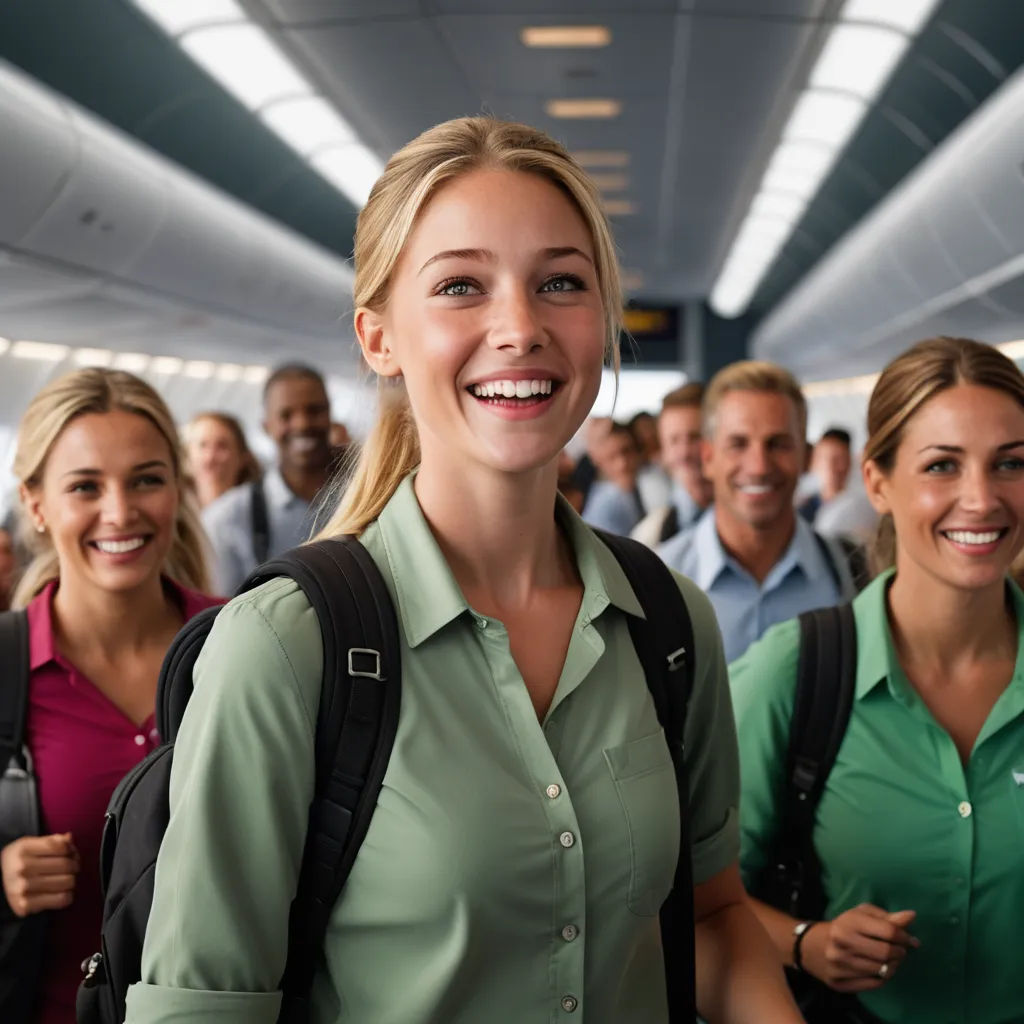 a group of people standing in a line on a plane or plane with a woman smiling at the camera, les automatistes, a stock photo, Ei-Q, promotional image