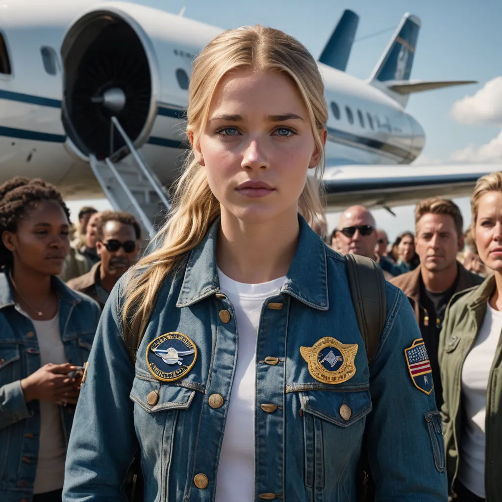 a woman in a denim jacket standing in front of a plane with a group of people standing around her, retrofuturism, a poster, Daphne Fedarb, promotional image