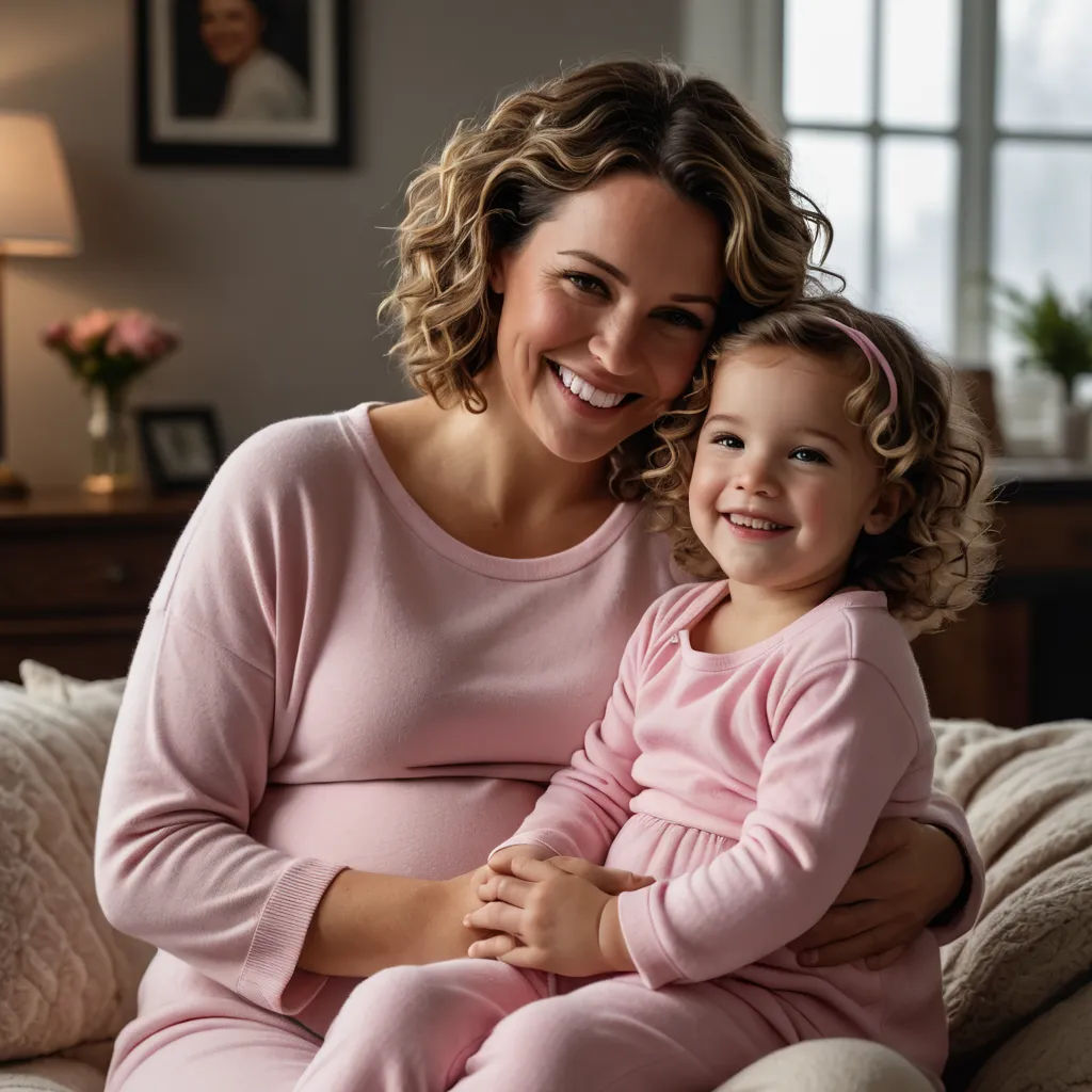 a woman and a child sitting on a bed together smiling at the camera, with a window in the background, private press, a stock photo, Christian Hilfgott Brand, promotional image