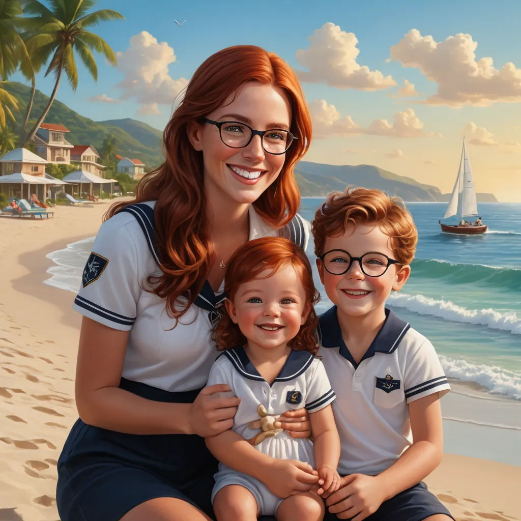 a woman and two children sitting on a beach with a sailboat in the background and a boat in the water, american realism, a hyperrealistic painting, Edwin Georgi, highly detailed digital painting