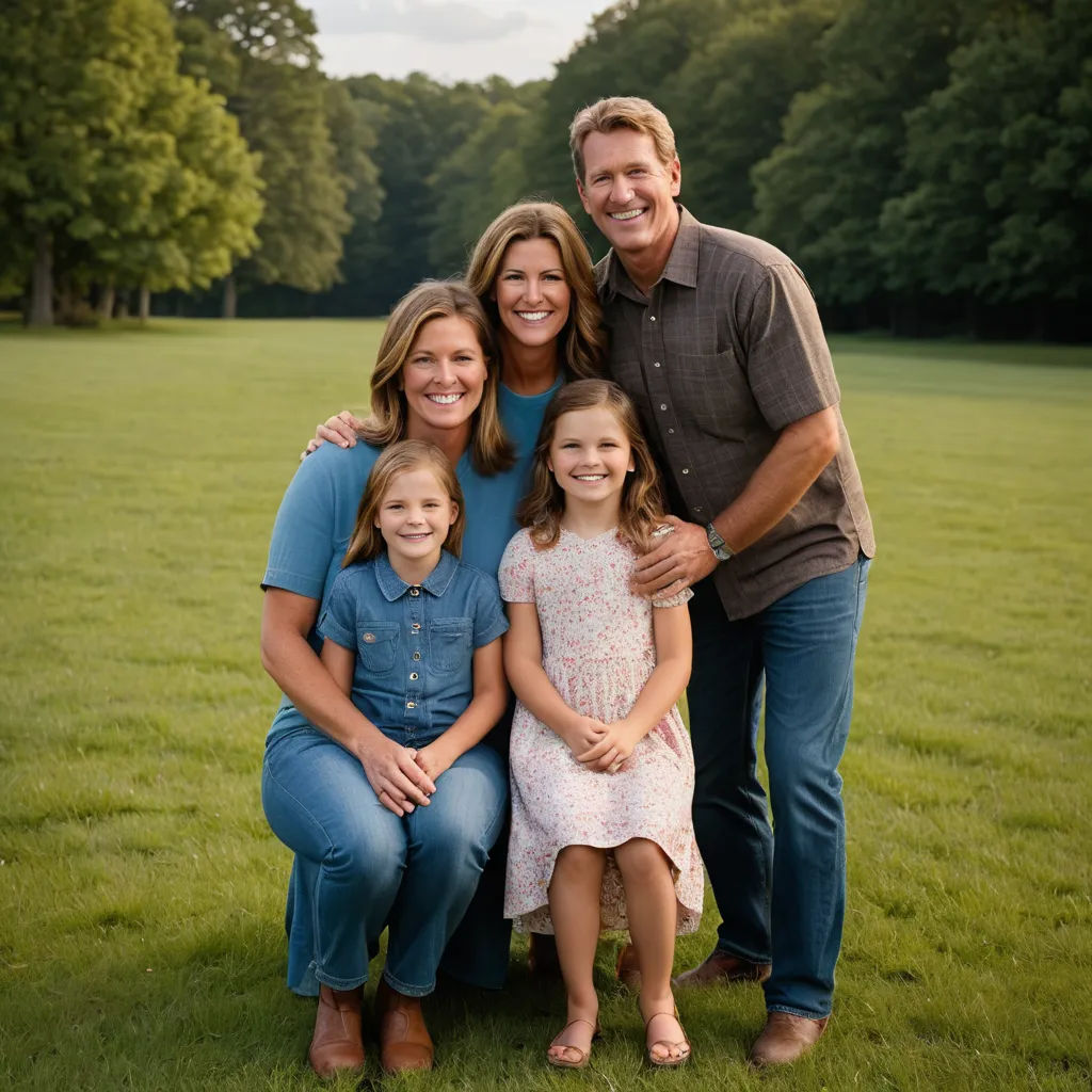 a family poses for a picture in a field of grass with trees in the background and a blue sky, northwest school, a picture, Doug Ohlson, portrait photography