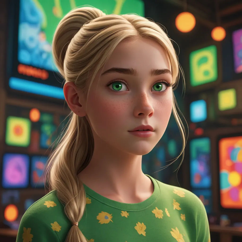 a young girl with blonde hair and green eyes looks into the distance in a brightly lit room with brightly lit television screens, photorealism, a character portrait, Constance Gordon-Cumming, cgstudio