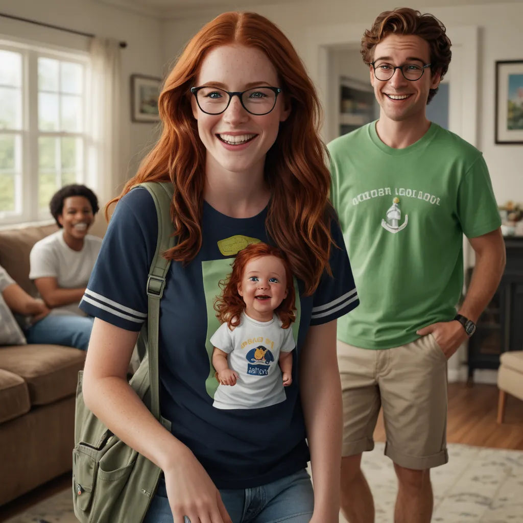 a woman with a baby on her shirt and a man with a backpack behind her smiling at the camera, photorealism, a stock photo, Ada Gladys Killins, hyper real