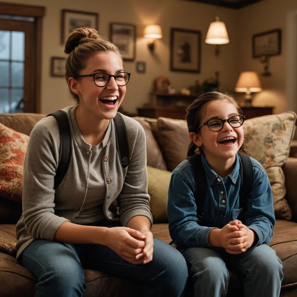 a woman and a child sitting on a couch laughing together and laughing at the camera with a living room in the background, verdadism, a stock photo, Claire Hummel, promotional image