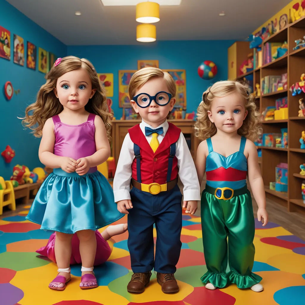 a group of children standing in a playroom with toys on the floor and a shelf full of toys, hyperrealism, a storybook illustration, Americo Makk, affinity photo