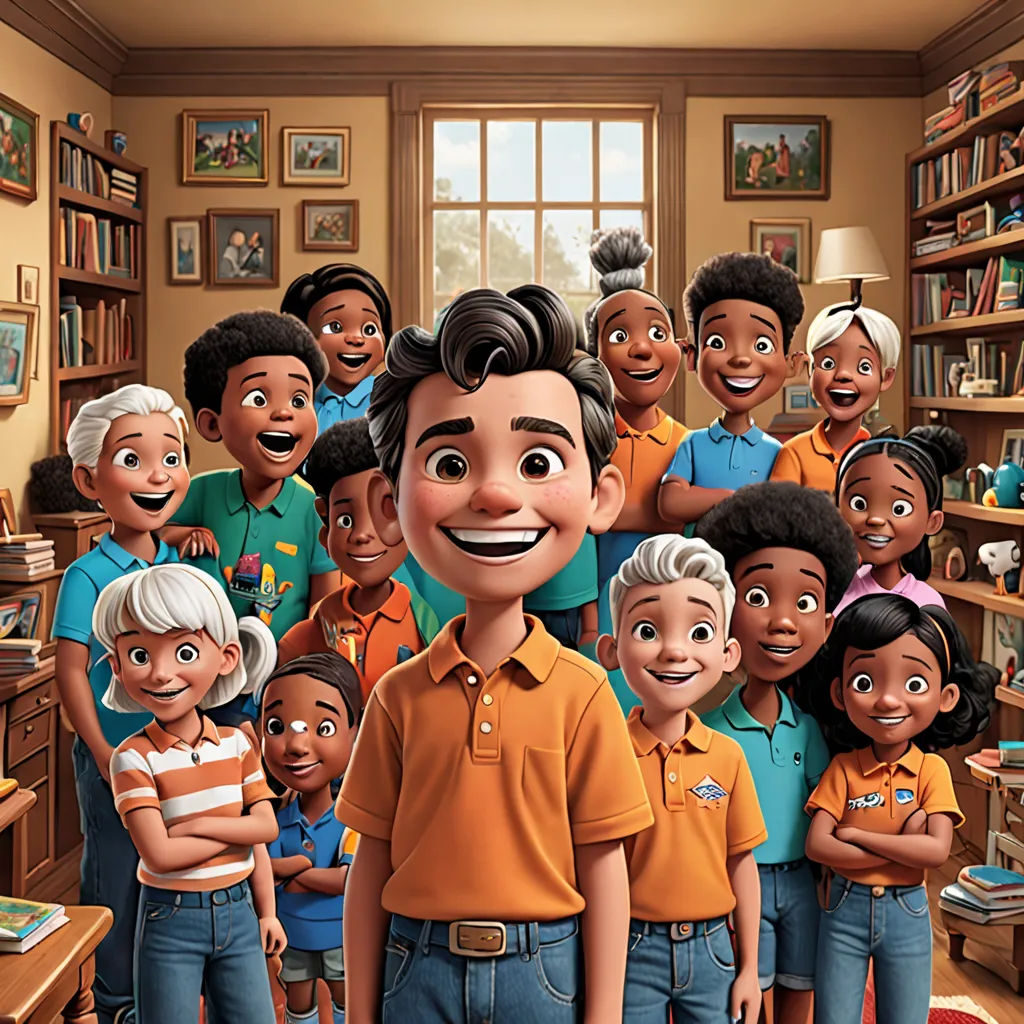 a group of children standing in a room with a man in the middle of the room and a woman in the middle of the room, sots art, a poster, Chris LaBrooy, promotional image