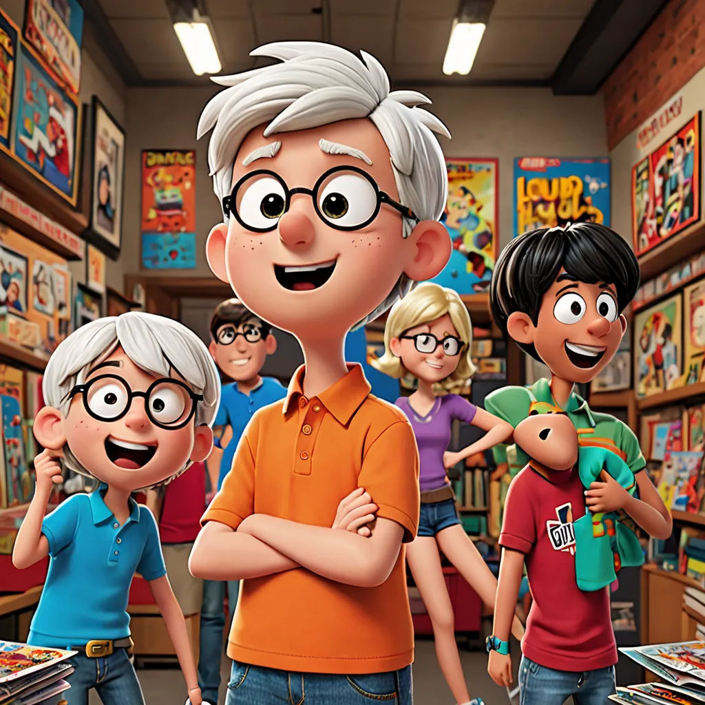 a cartoon of a group of people in a store with a man in the middle of the room with his arms crossed, sots art, a comic book panel, Cliff Childs, promotional image