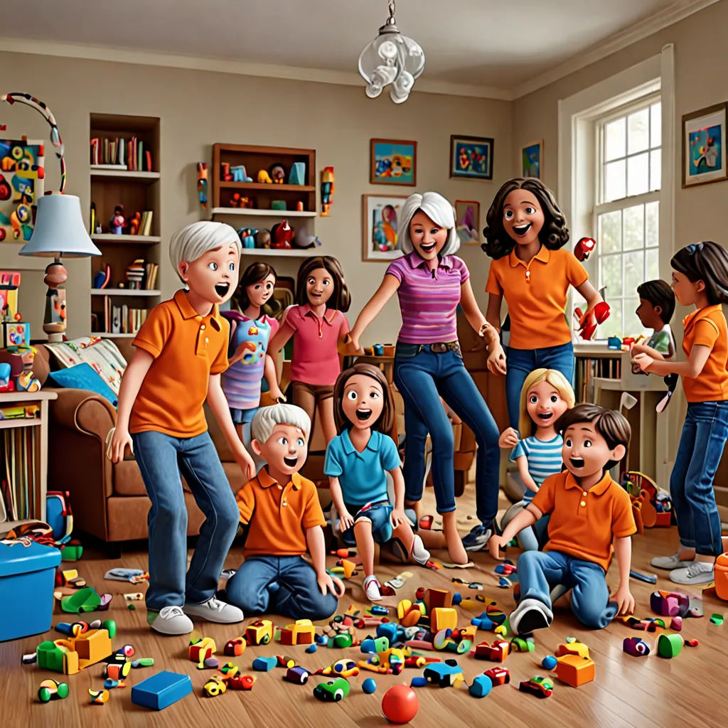 a group of children playing with toys in a living room with a woman standing in the middle of the room, american scene painting, a digital rendering, Doug Ohlson, promotional image