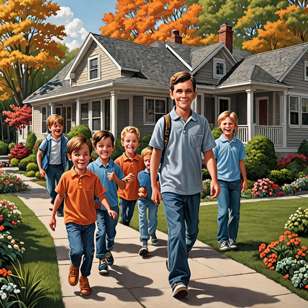 a painting of a man walking with a group of children down a sidewalk in front of a house with a lot of flowers, american scene painting, a storybook illustration, F Scott Hess, kinkade