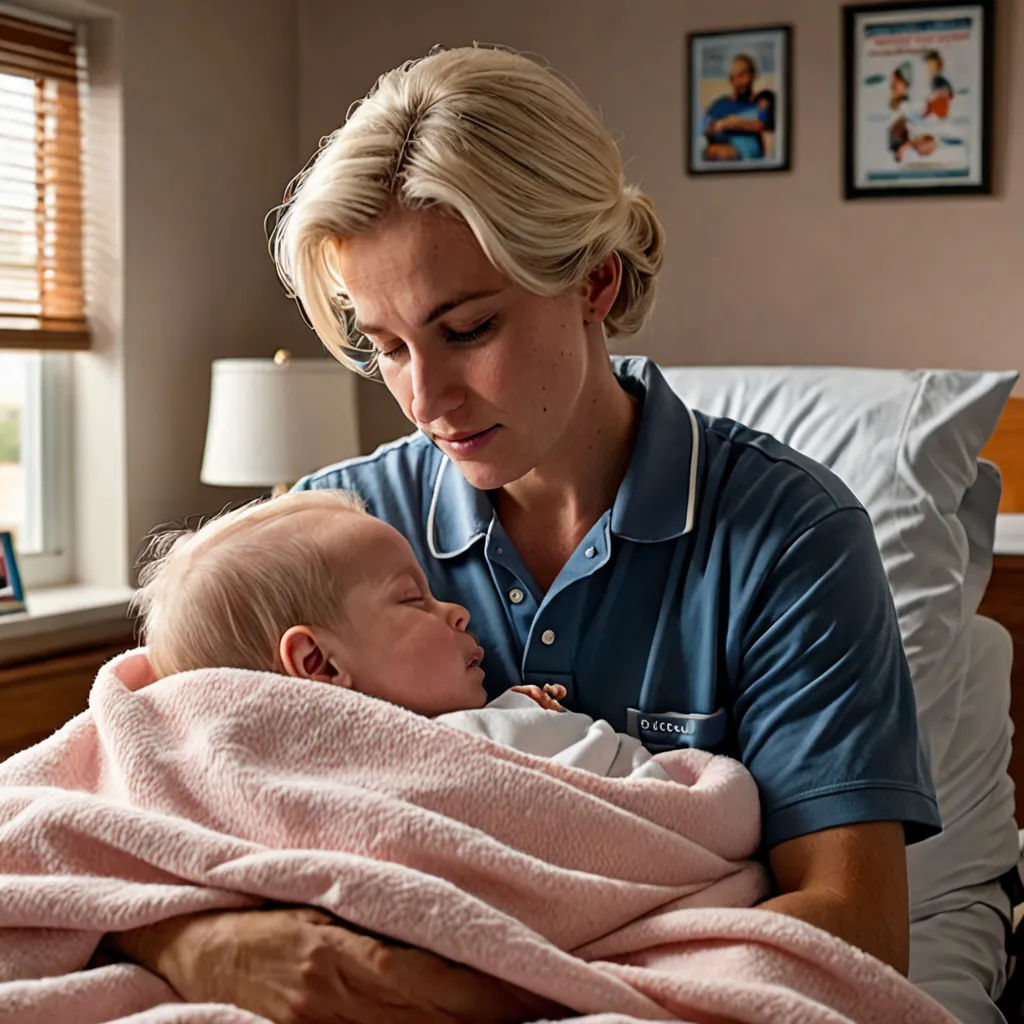 a woman holding a baby wrapped in a blanket in a bed room with a window and a lamp on the side, american realism, a stock photo, Caroline Lucy Scott, promotional image