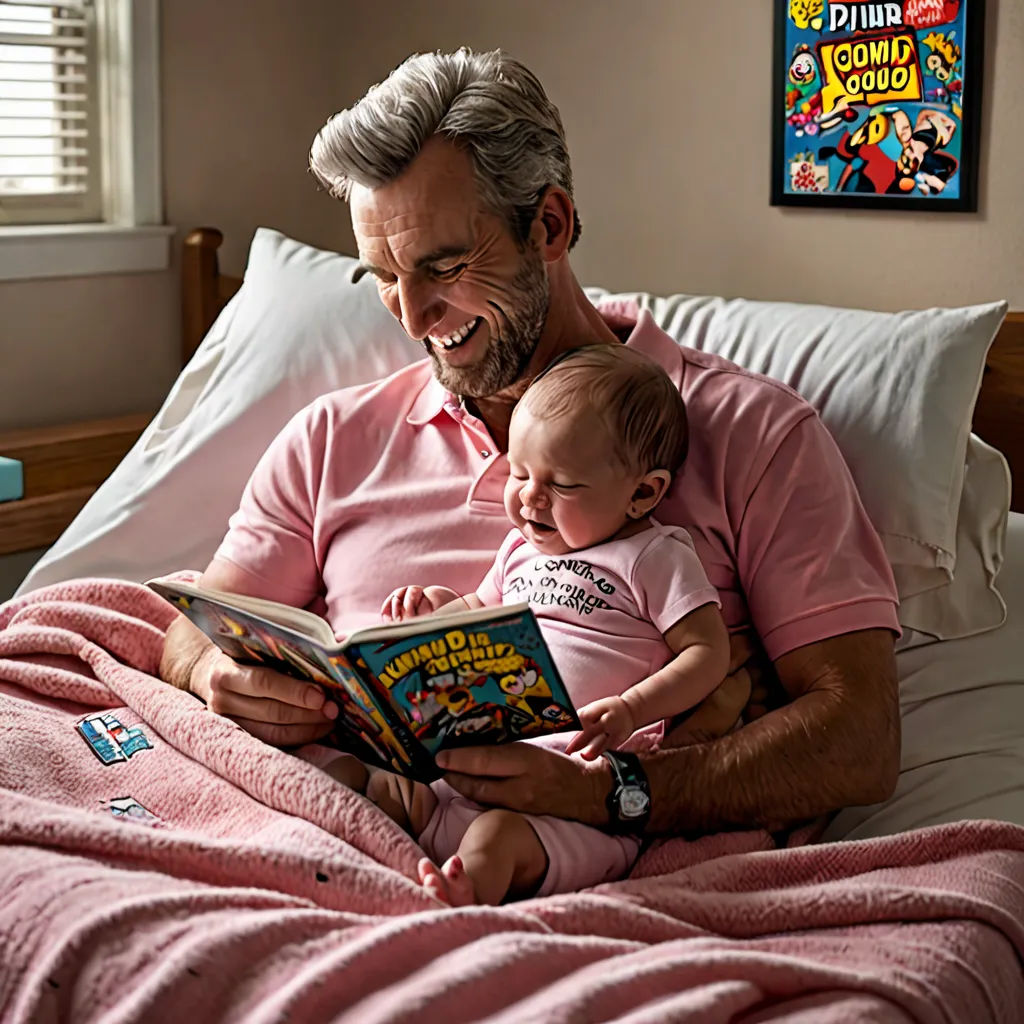 a man reading a book to a baby on a bed with a pink blanket on it and a pink blanket on the bed, dada, a storybook illustration, Andrew Henderson, comic book