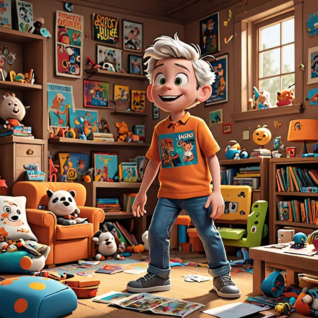 a boy in a room with lots of toys and a book shelf full of books and toys and a stuffed panda, photorealism, poster art, Cliff Childs, rossdraws global illumination