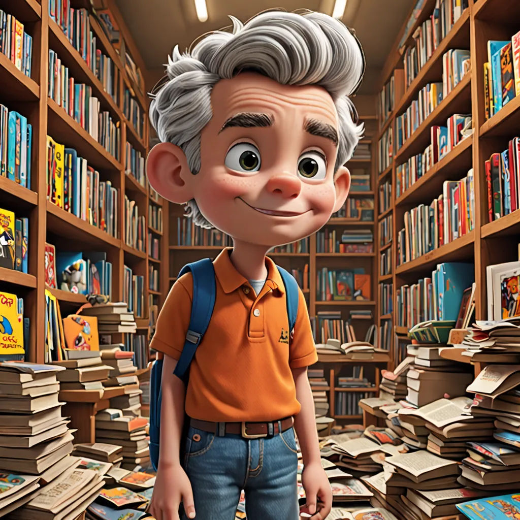a cartoon character standing in a library with books on shelves and a backpack on his shoulder and a backpack on his shoulder, photorealism, a character portrait, Cliff Childs, arnold render