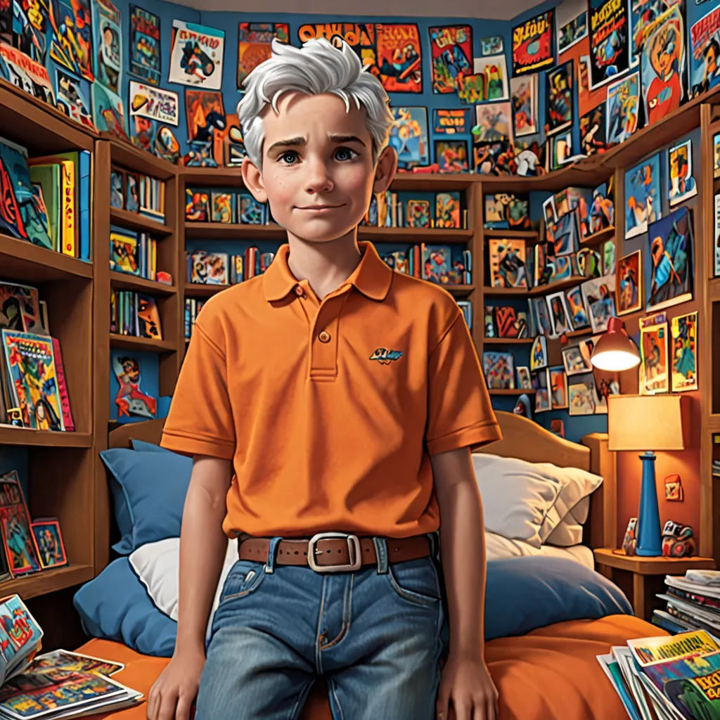 a boy in a bedroom with a bookcase full of books and a bed with a pillow and a lamp, hyperrealism, a storybook illustration, Aaron Jasinski, highly detailed digital painting