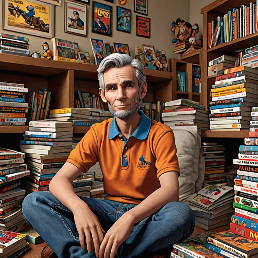 a man sitting on a chair in front of a pile of books in a room with a lot of books, hyperrealism, a character portrait, F. Scott Hess, hyper real