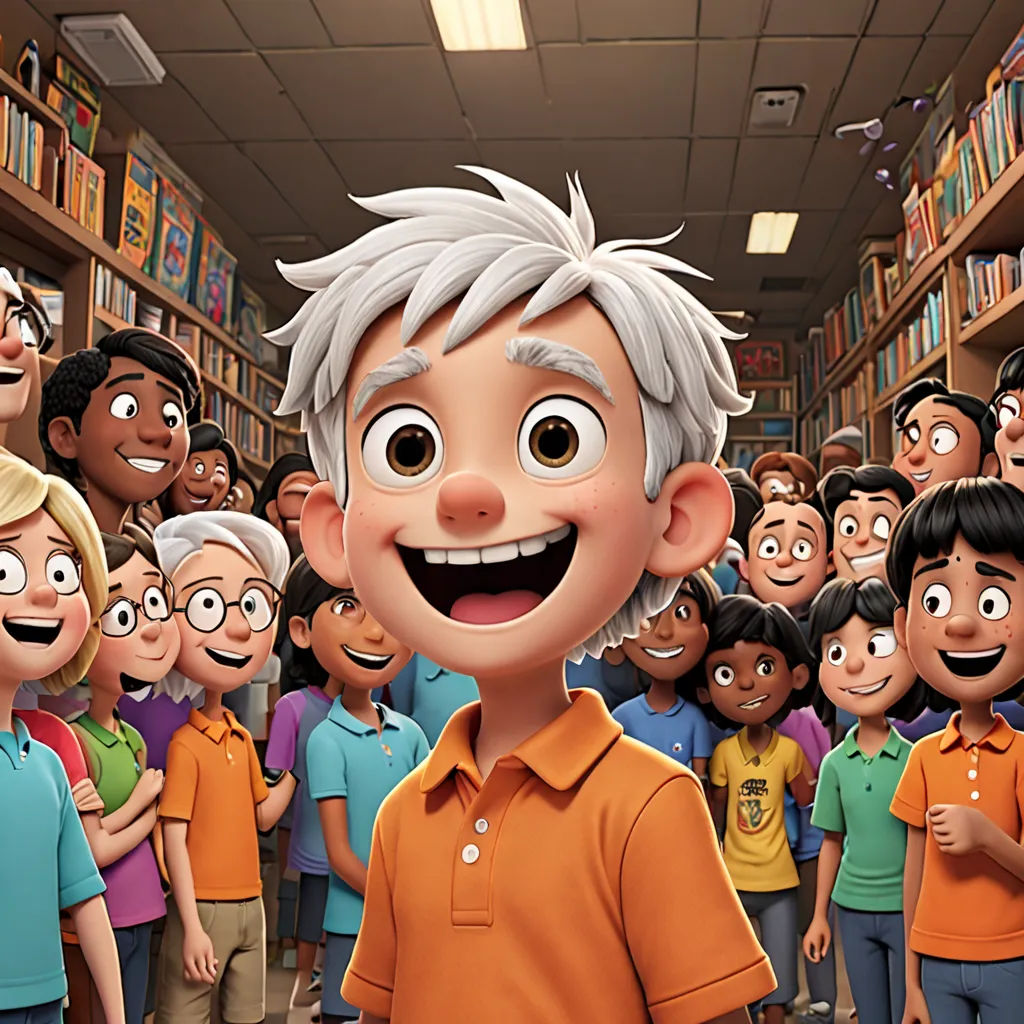 a cartoon character is surrounded by a group of children in a library with bookshelves and bookshelves, vancouver school, poster art, Cliff Childs, promotional image