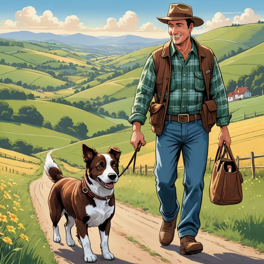 a man walking a dog down a dirt road with a bag on his leash and a dog on a leash, american scene painting, a storybook illustration, Doug Wildey, western comic book art