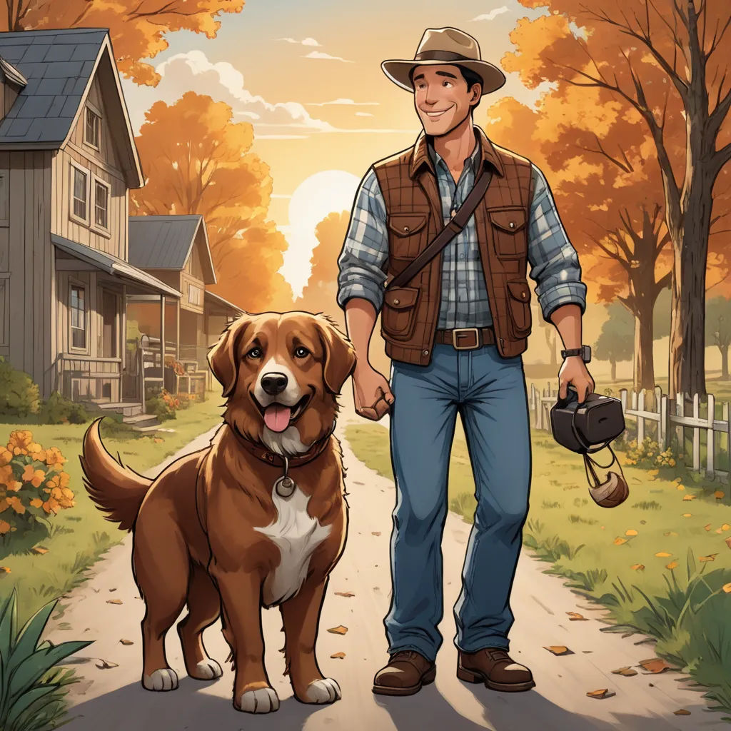 a man with a dog on a leash is walking down a path in the woods with a house in the background, american scene painting, a storybook illustration, Chris LaBrooy, official art