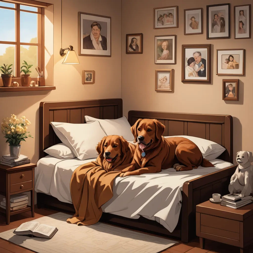 two dogs laying on a bed in a bedroom with pictures on the wall and a dog statue on the floor, furry art, a storybook illustration, Brothers Hildebrandt, official art