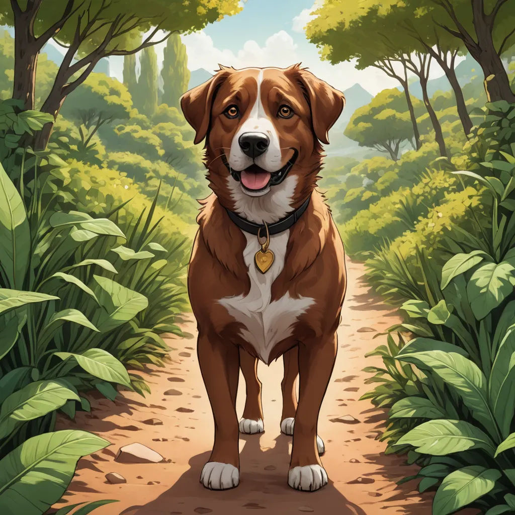 a dog standing on a dirt path in the woods with trees and bushes around it, with a golden tag on his collar, furry art, a storybook illustration, Chris LaBrooy, official art