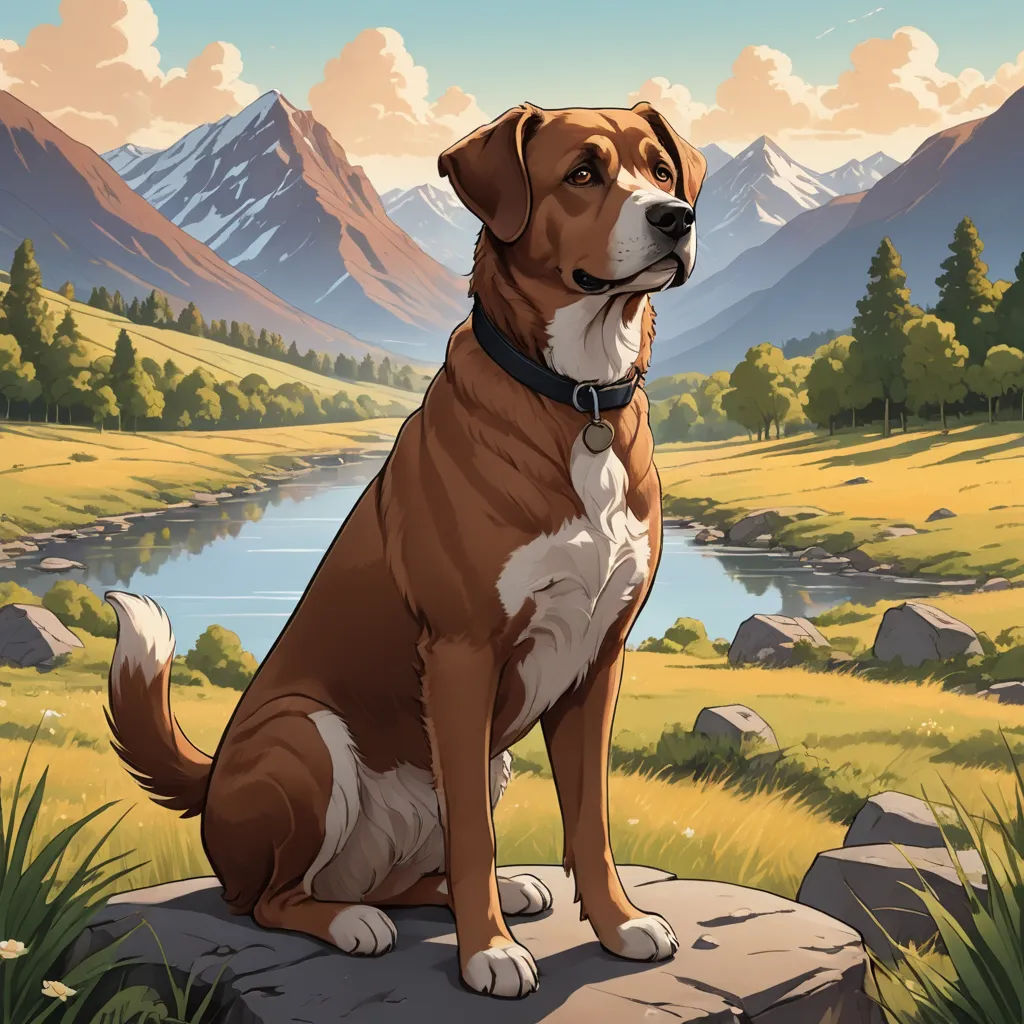 a dog sitting on a rock in a field with mountains in the background and a lake in the foreground, furry art, a character portrait, Chris LaBrooy, official art