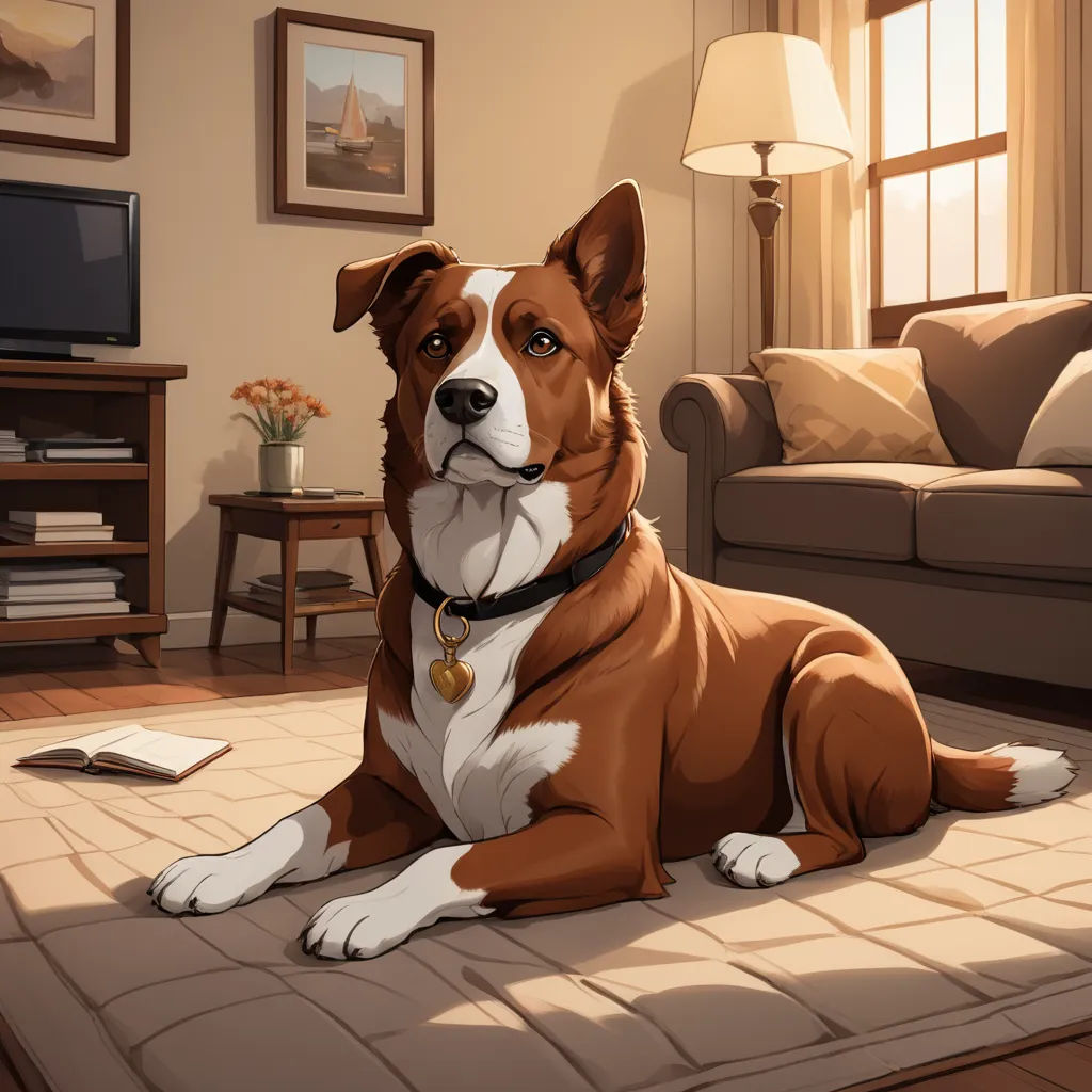 a dog sitting on a rug in a living room with a couch and a television set in the background, american scene painting, concept art, Chris LaBrooy, game art