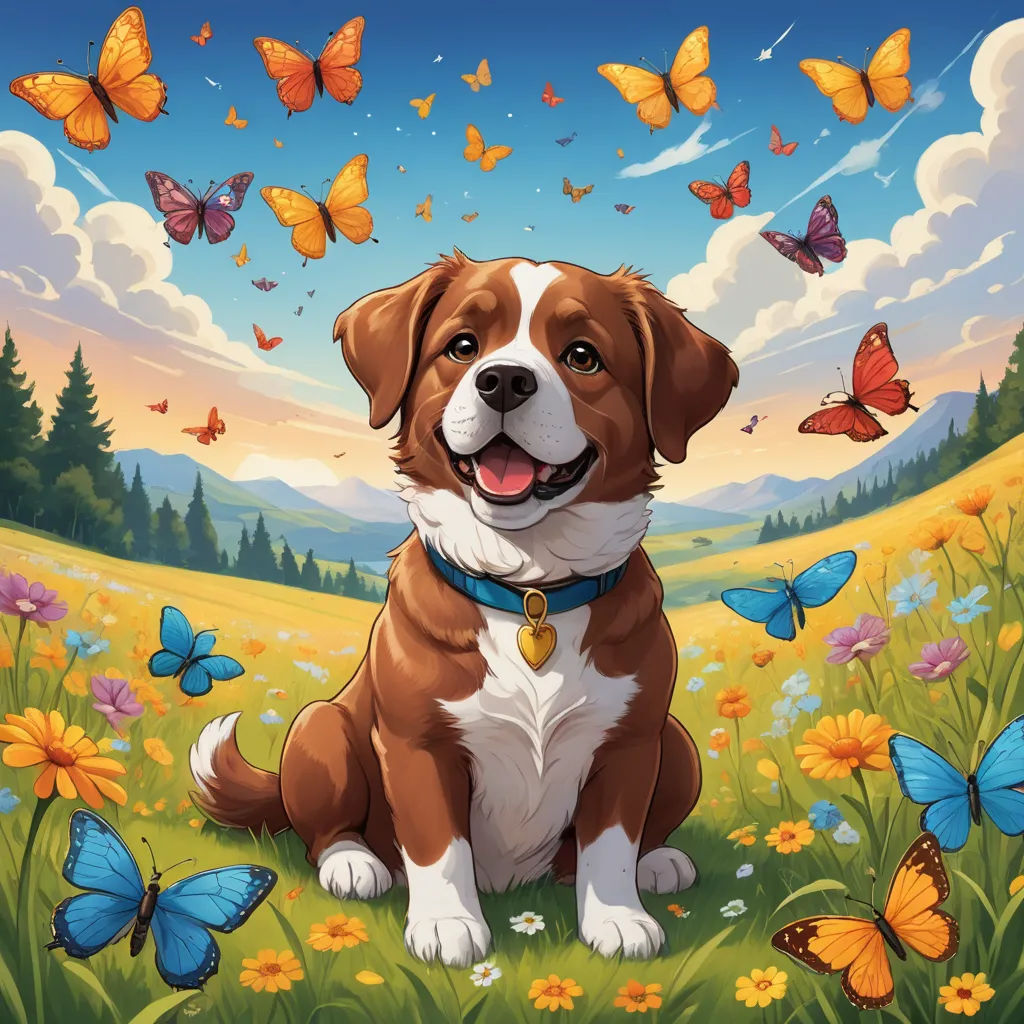 a dog sitting in a field of flowers with butterflies flying around him and a sky full of clouds and sun, sots art, a fine art painting, Chris LaBrooy, official art
