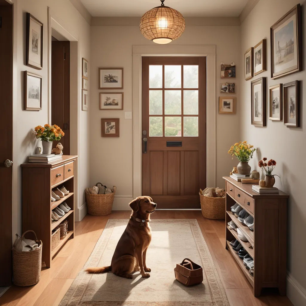 a dog sitting on the floor in a hallway with a door and a rug on the floor and a wooden cabinet, arts and crafts movement, a photorealistic painting, Chris LaBrooy, award - winning photography