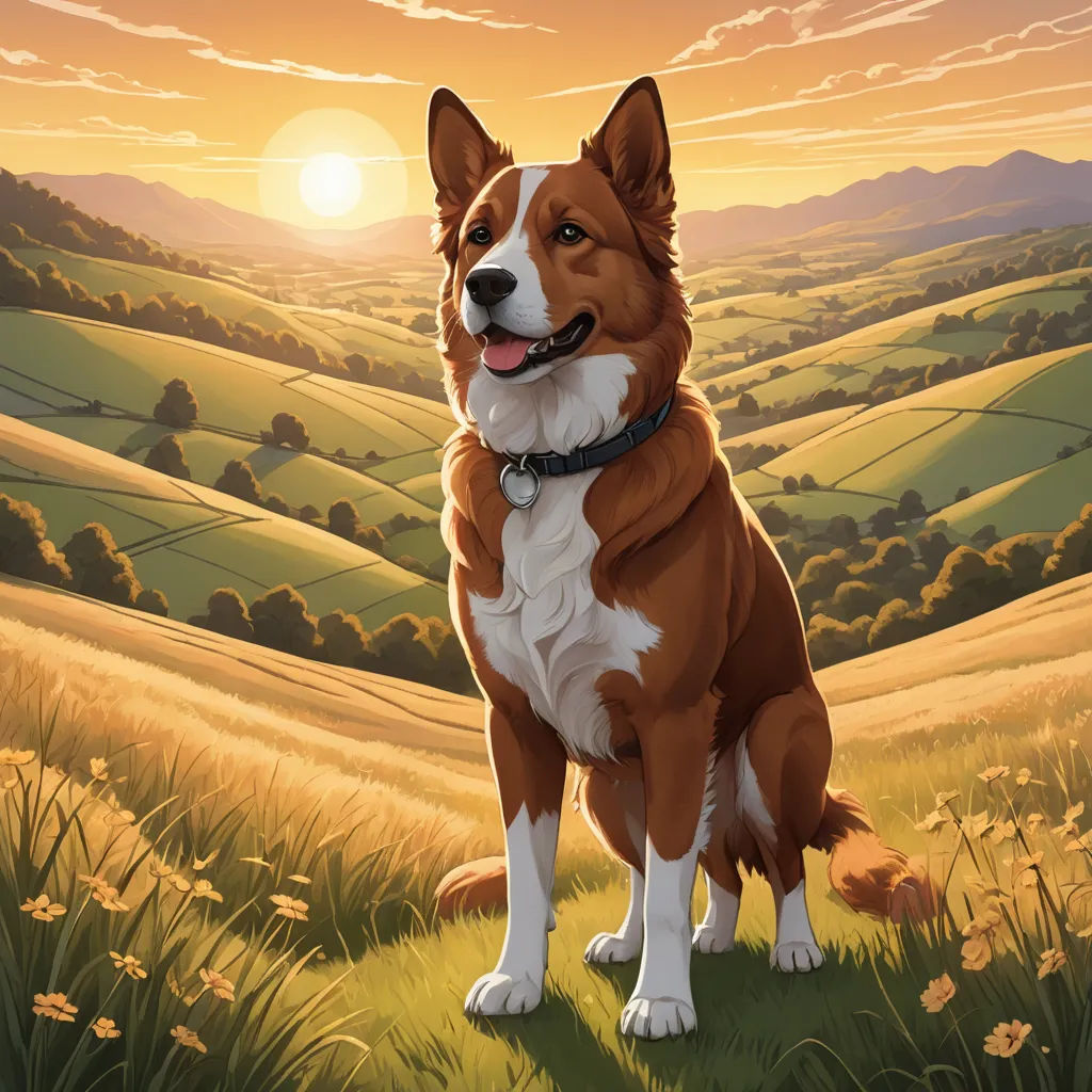 a dog standing on a hill with a sunset in the background and hills in the foreground, and a field with flowers and grass, and a golden sky with clouds, furry art, a storybook illustration, Chris LaBrooy, official art