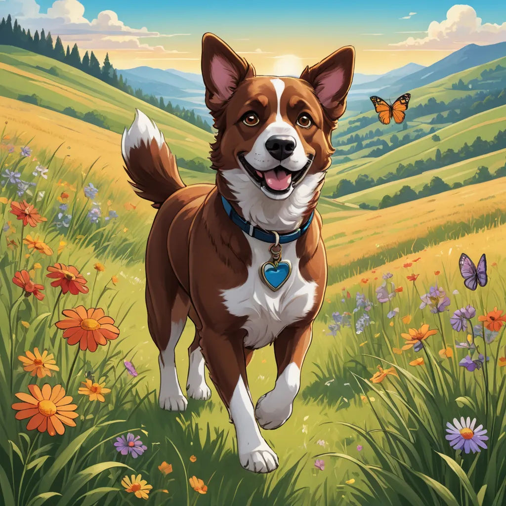a dog is running through a field of flowers and a butterfly is flying above him in the background of the painting, sots art, a storybook illustration, David Brewster, official art
