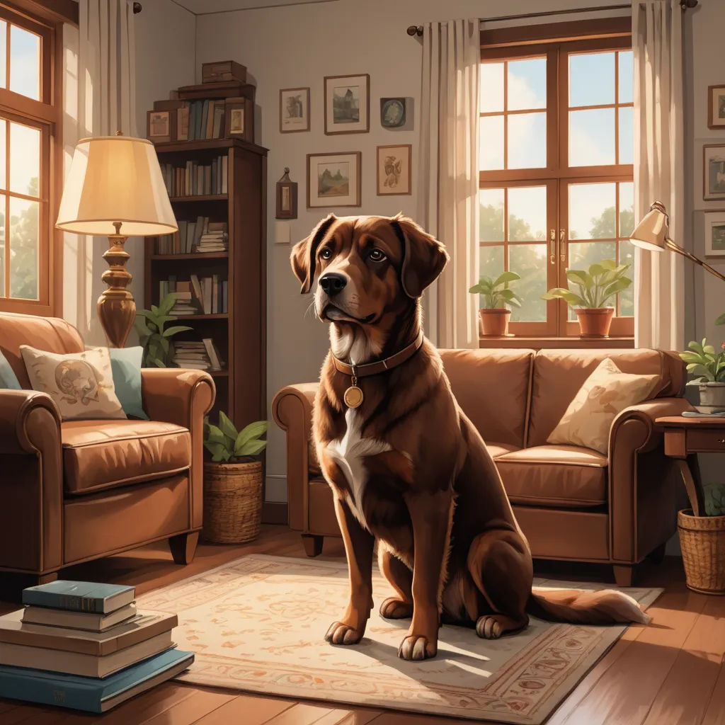 a dog sitting on a rug in a living room with a couch and a lamp on the floor next to it, photorealism, a storybook illustration, Chris LaBrooy, highly detailed digital painting