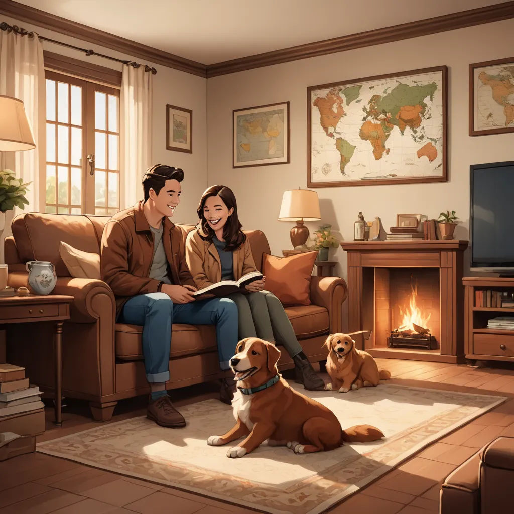 a man and woman sitting on a couch with a dog in front of them and a fireplace in the background, american scene painting, a storybook illustration, Chris LaBrooy, official art
