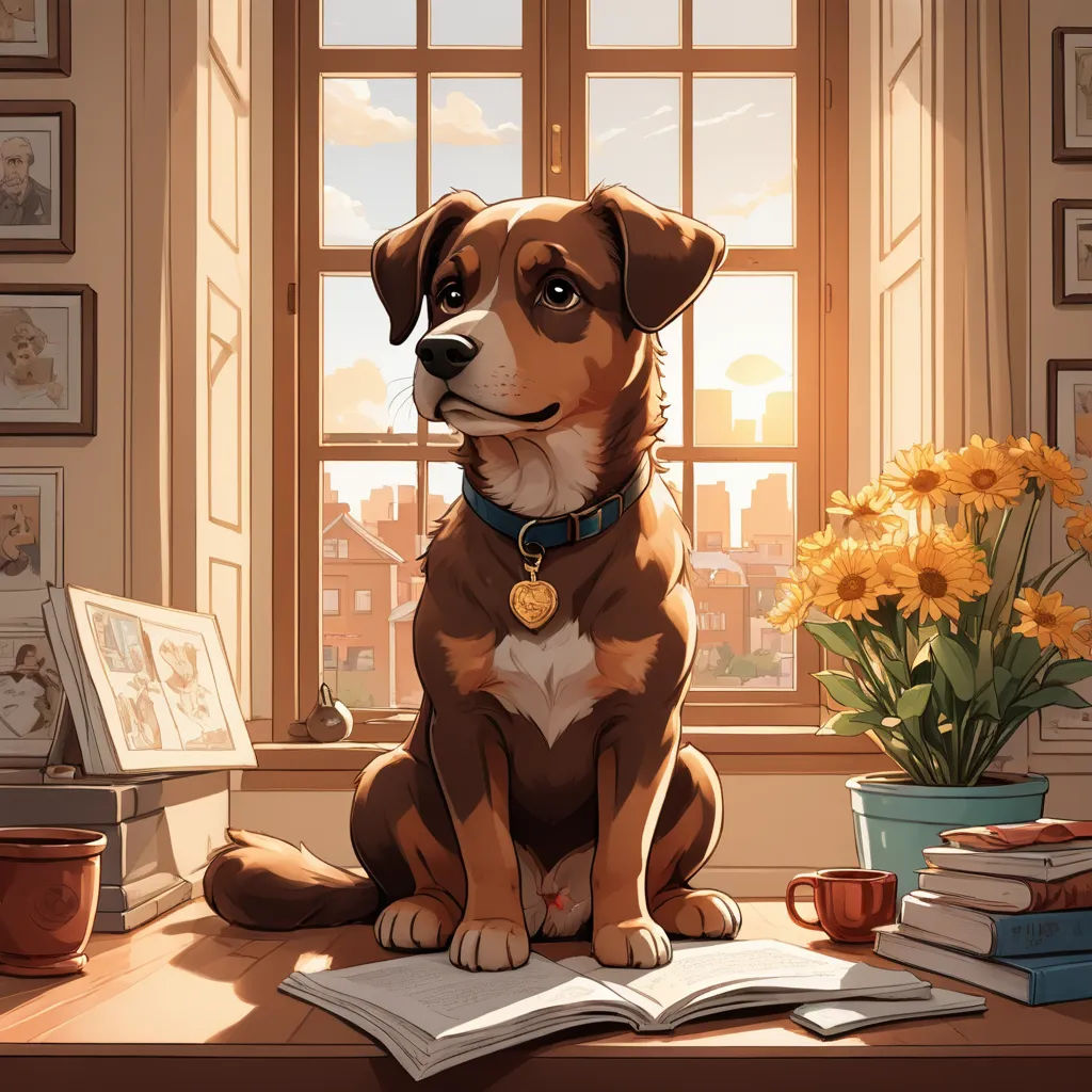a dog sitting on a desk next to a window with a book and a vase of flowers on it, furry art, a storybook illustration, Colin Middleton, official art