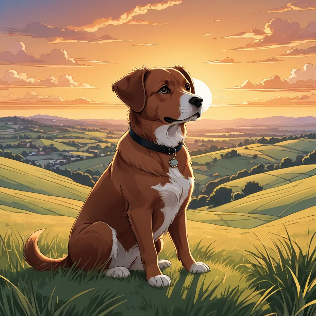 a dog sitting in a field with a sunset in the background and clouds in the sky above it,, sots art, a storybook illustration, Chris LaBrooy, comic cover art