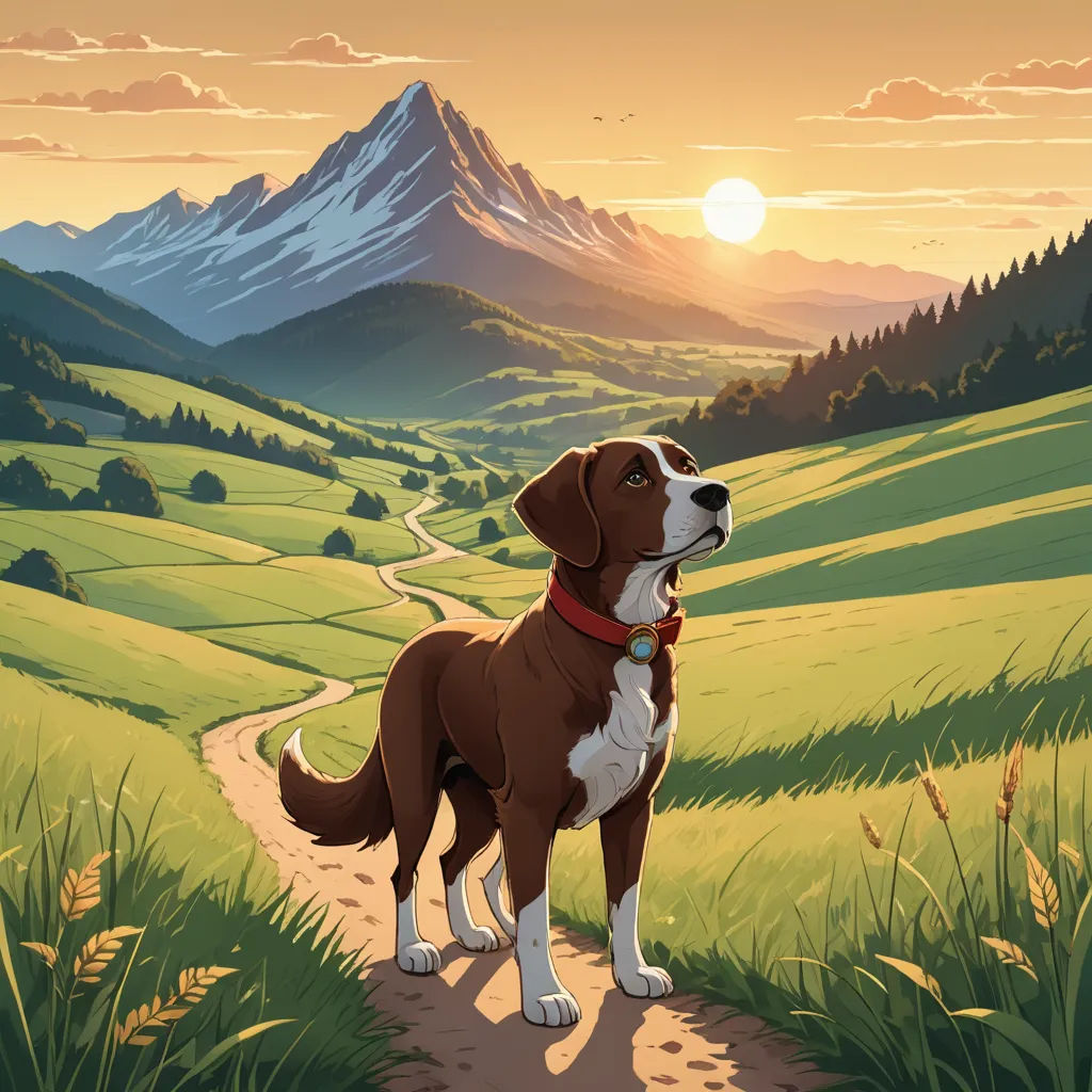 a dog standing on a dirt path in a field with mountains in the background and a sunset in the sky, lyco art, a storybook illustration, Chris LaBrooy, storybook illustration