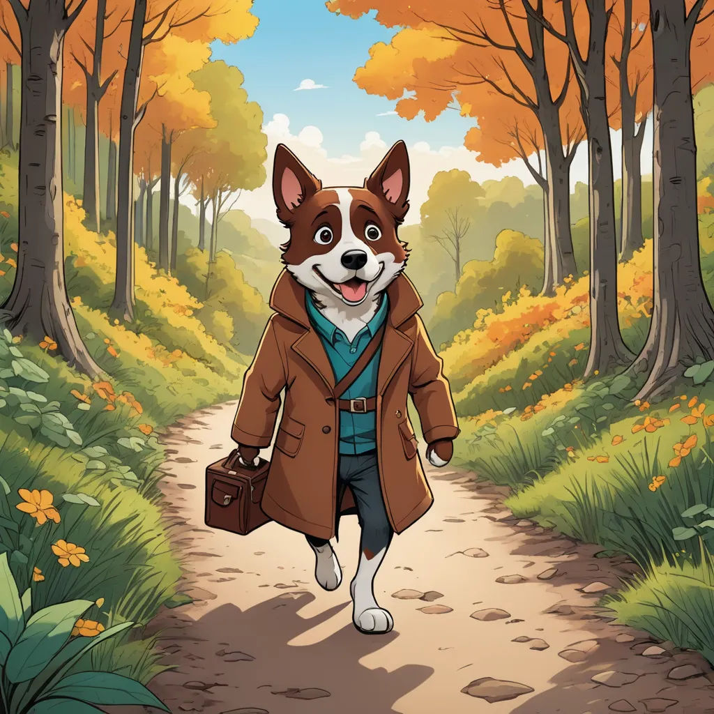 a dog in a coat and tie walking down a path in the woods with a suitcase in his hand, furry art, a storybook illustration, Cedric Seaut (Keos Masons), comic cover art