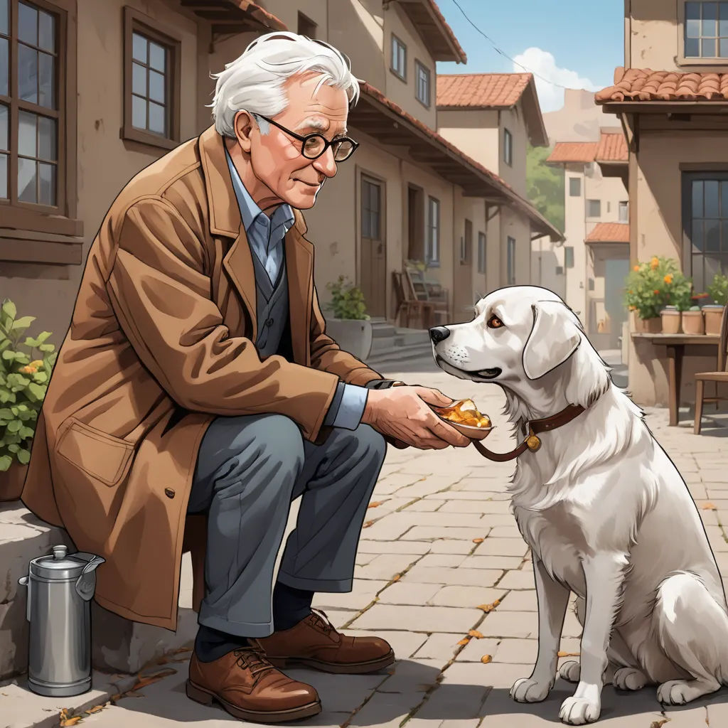 a man feeding a dog a piece of food on a sidewalk in front of a house with a dog nearby, american scene painting, a storybook illustration, David Brewster, official art