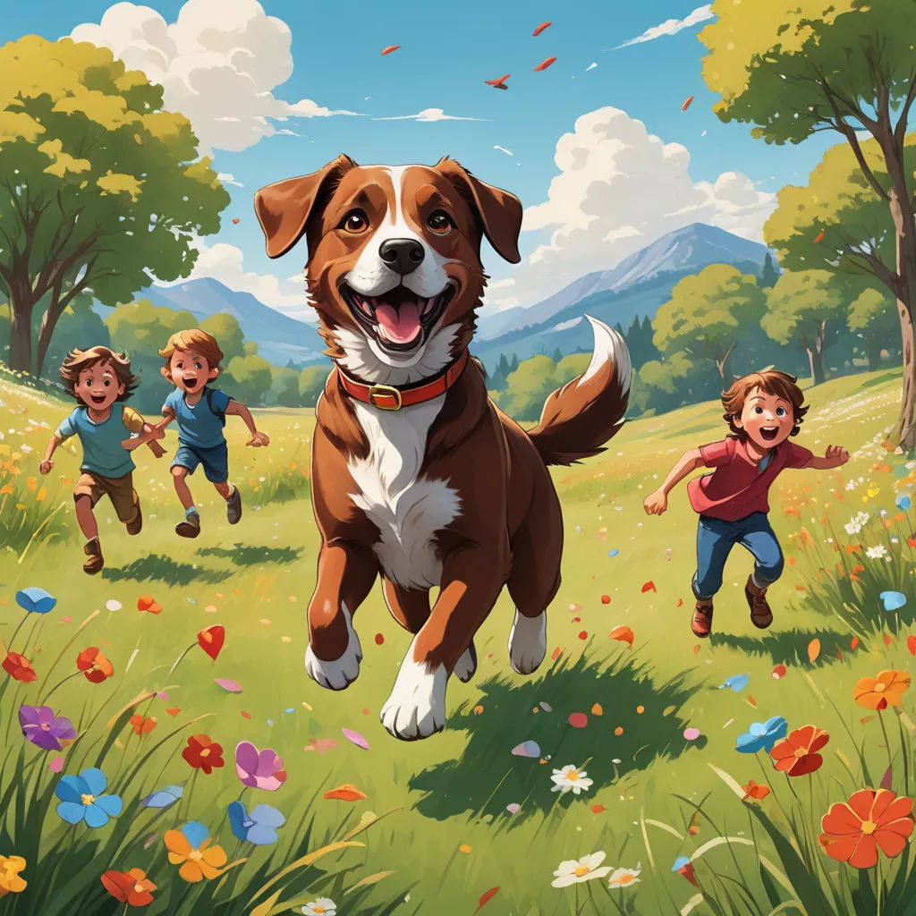 a dog running through a field with kids in the background and a dog running behind him with a frisbee in his mouth, american scene painting, a storybook illustration, Chris LaBrooy, official art