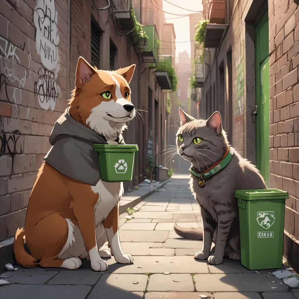 a cat and a dog are sitting on a sidewalk in front of a brick building with graffiti on the walls, furry art, concept art, Cyril Rolando, official art