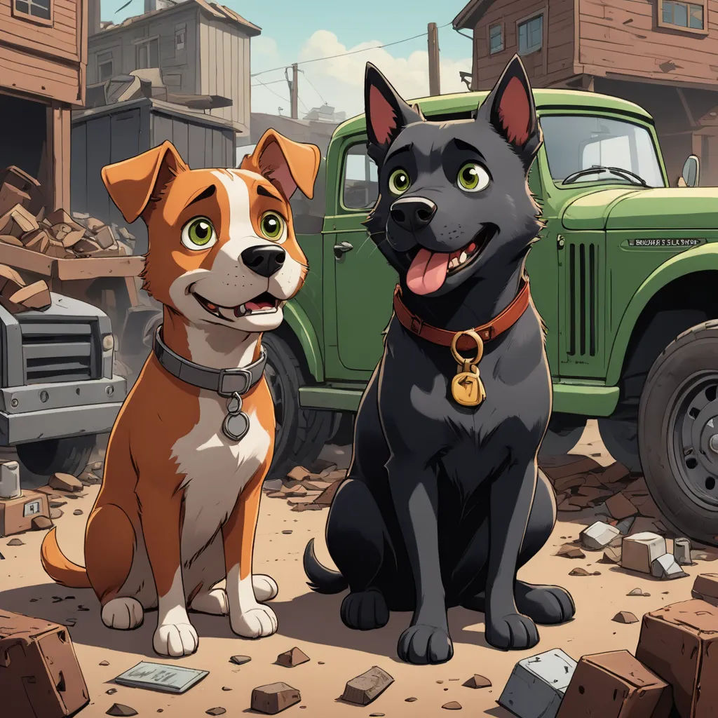 a dog and a cat sitting next to each other in front of a truck and a building with a lot of rubble, sots art, poster art, Chris LaBrooy, official art