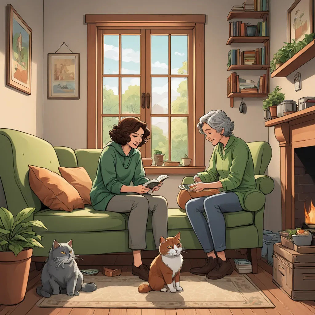 a woman sitting on a couch next to a cat and a dog in a living room with a fireplace, art & language, a storybook illustration, Colin Middleton, official art