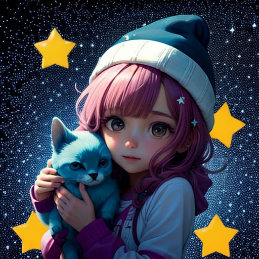 a girl holding a cat in her arms with stars in the background and stars in the sky behind her