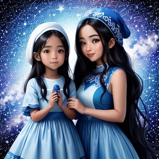 two girls in blue dresses standing next to each other in front of a night sky with stars and stars