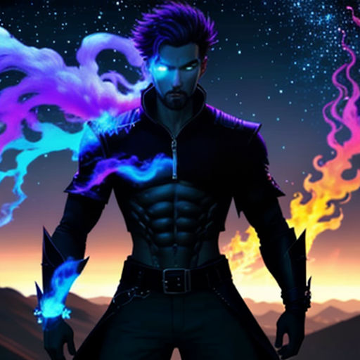 a man with a beard and a beard in a black outfit with a purple and blue flame in his hand