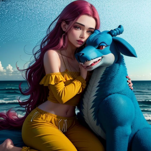 a woman sitting next to a blue dragon on a beach with the ocean in the background and a blue sky