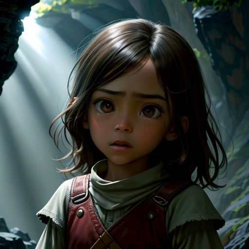 a young girl standing in front of a cave with a light shining down on her face and a cave door behind her