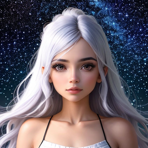 a woman with long white hair and a star background is shown in this image, she is wearing a white top