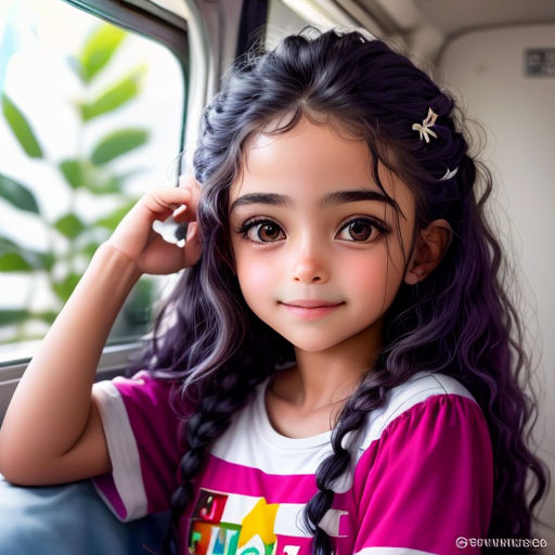 a little girl with long hair sitting on a bus looking out the window at the camera with a smile